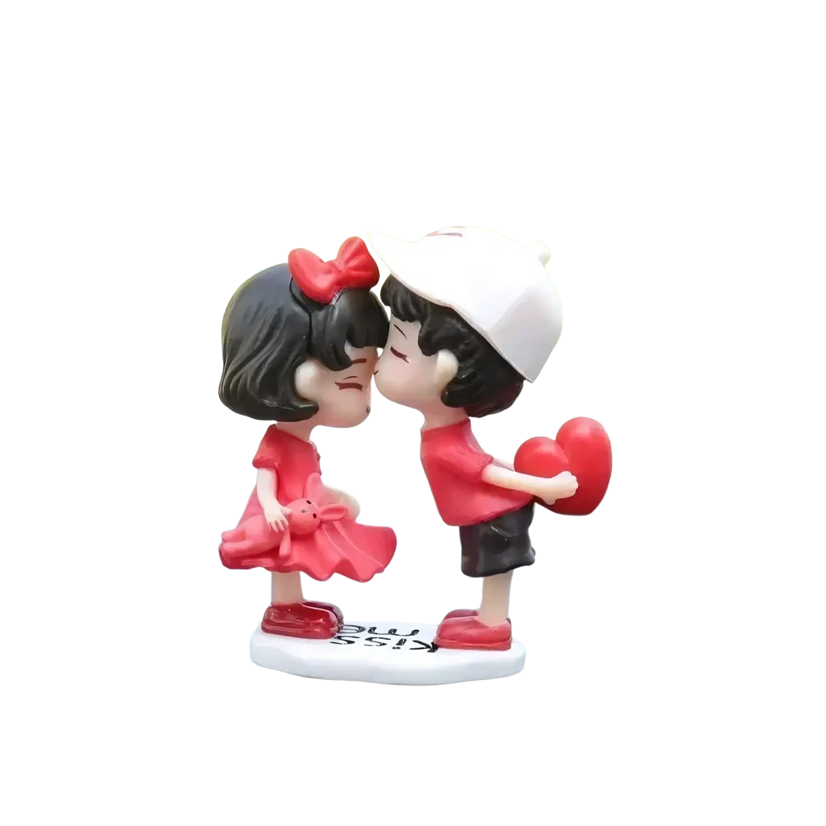 Red and white plastic resin cute couple car dashboard ornament featuring a kissing couple with heart and teddy bear