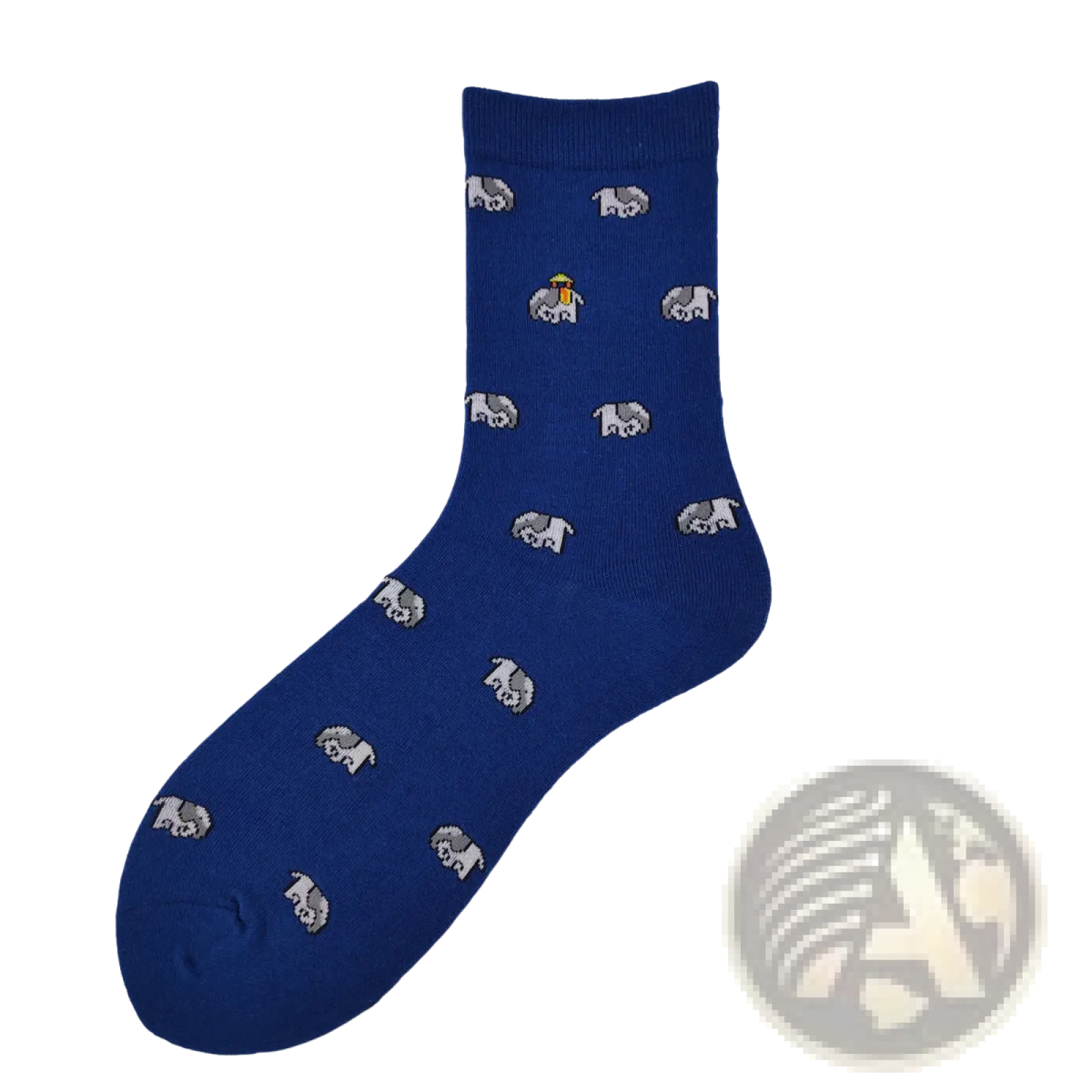 Cute dog cartoon cotton crew socks in navy blue featuring a gray elephant pattern with one elephant wearing a yellow hat