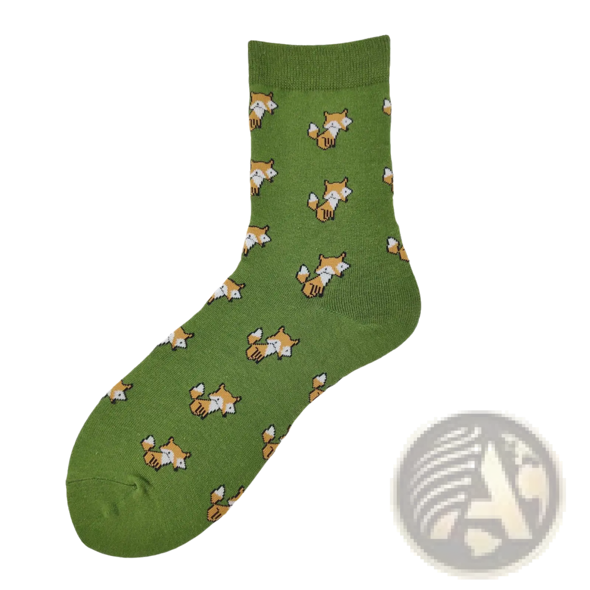 Green cotton crew sock with a repeating pattern of small orange and white cartoon foxes for cute dog lovers