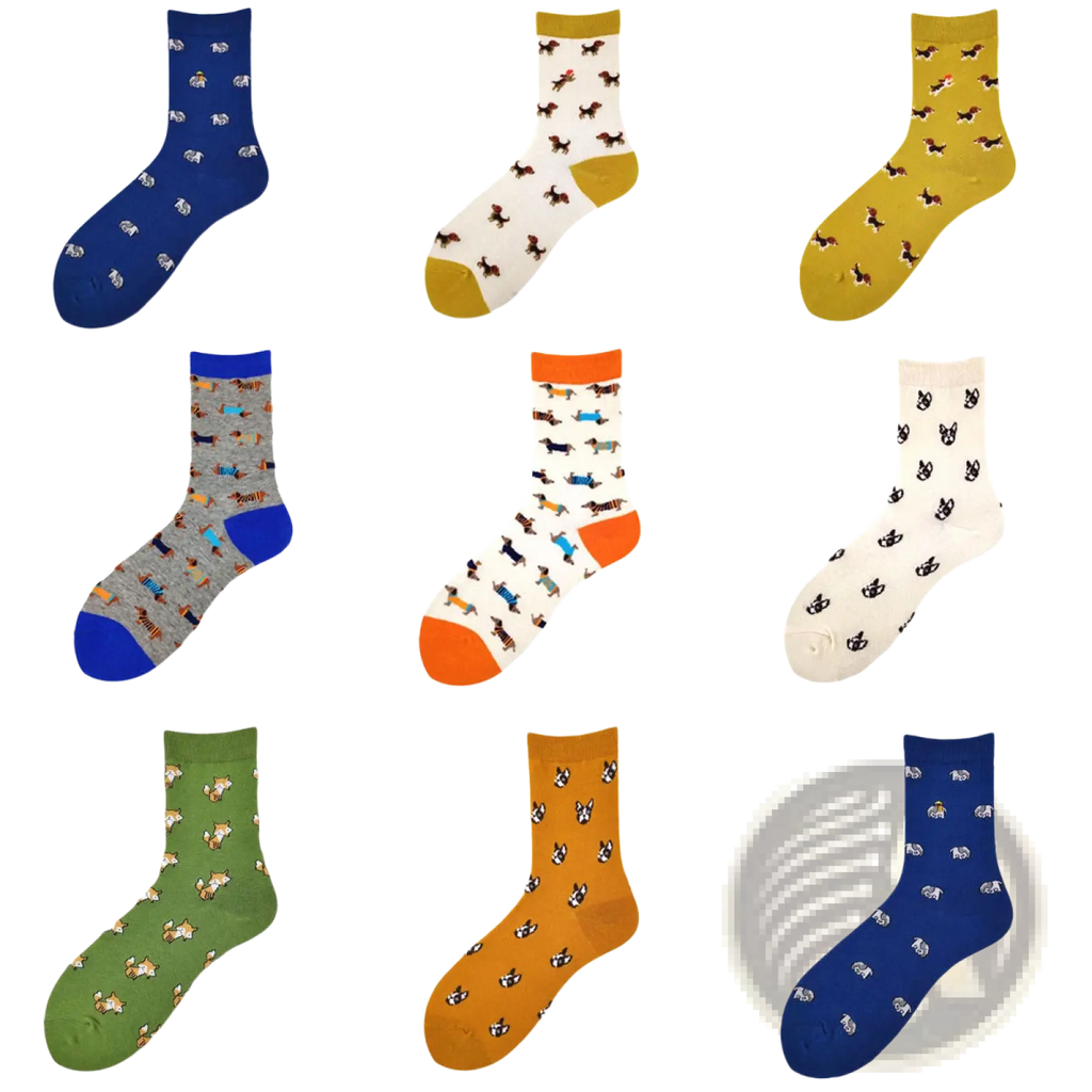 Nine pairs of colorful cotton crew socks with playful dog and fox prints on solid blue white yellow gray green and orange bases
