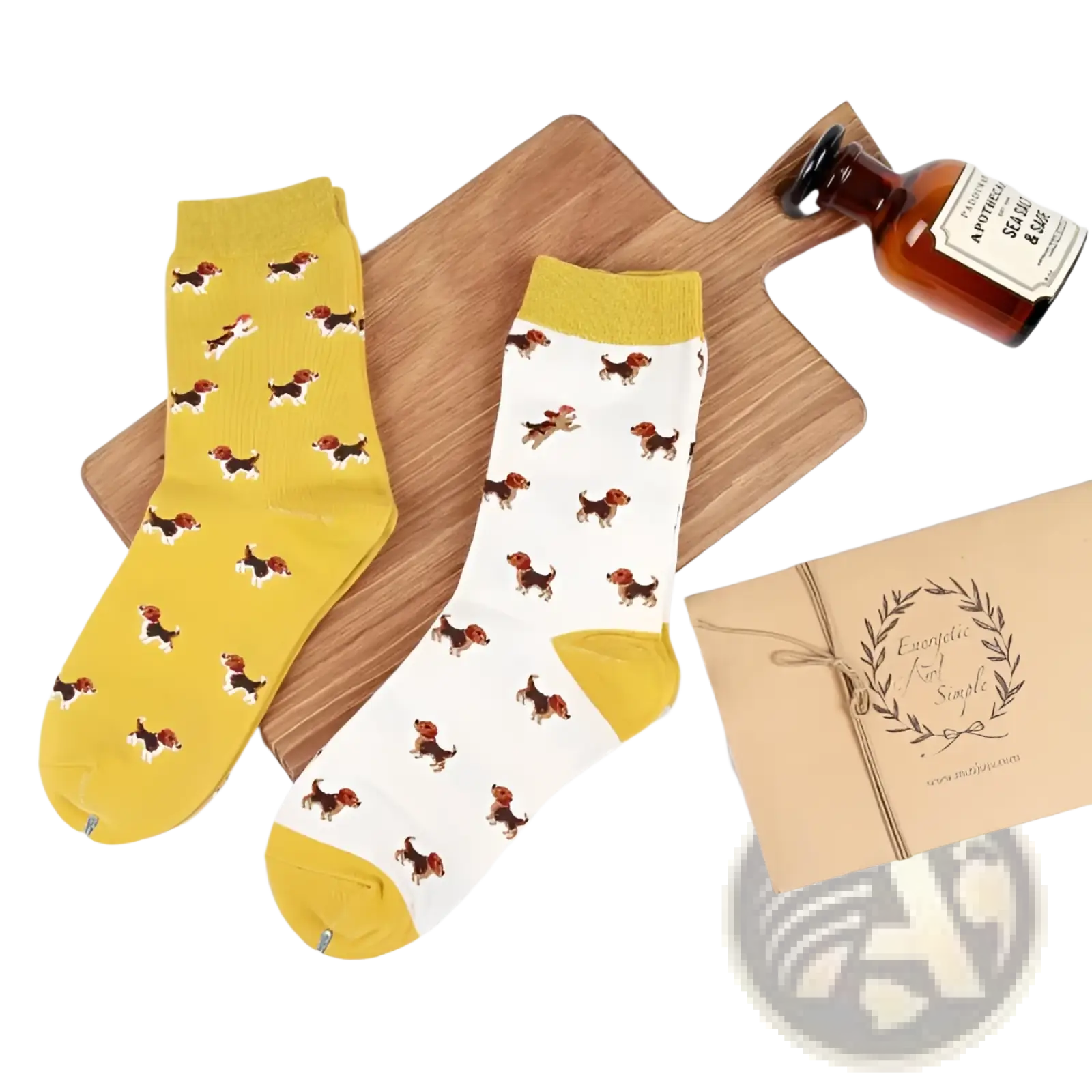 A pair of cheerful cotton crew socks featuring a playful beagle dog pattern in vibrant yellow and white