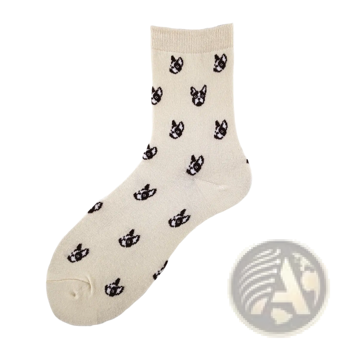 Beige cotton crew socks featuring a playful pattern of black french bulldog faces in a cute dog cartoon design