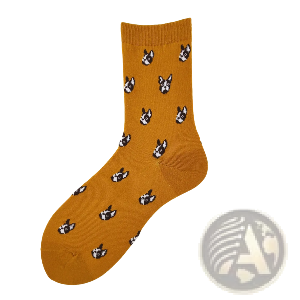 A mustard-yellow cotton crew sock featuring a repeating pattern of black and white Boston terrier faces