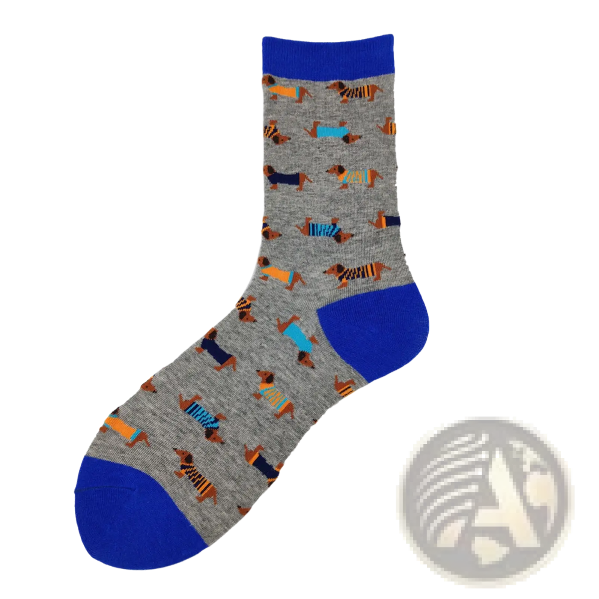 Gray heathered cotton crew sock with blue toe and heel featuring colorful cartoon dachshunds in playful outfits