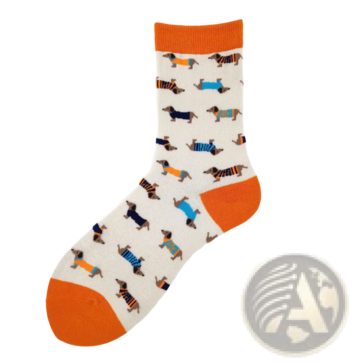 Cream-colored cotton crew socks featuring a playful dachshund pattern with bright orange toe and cuff accents