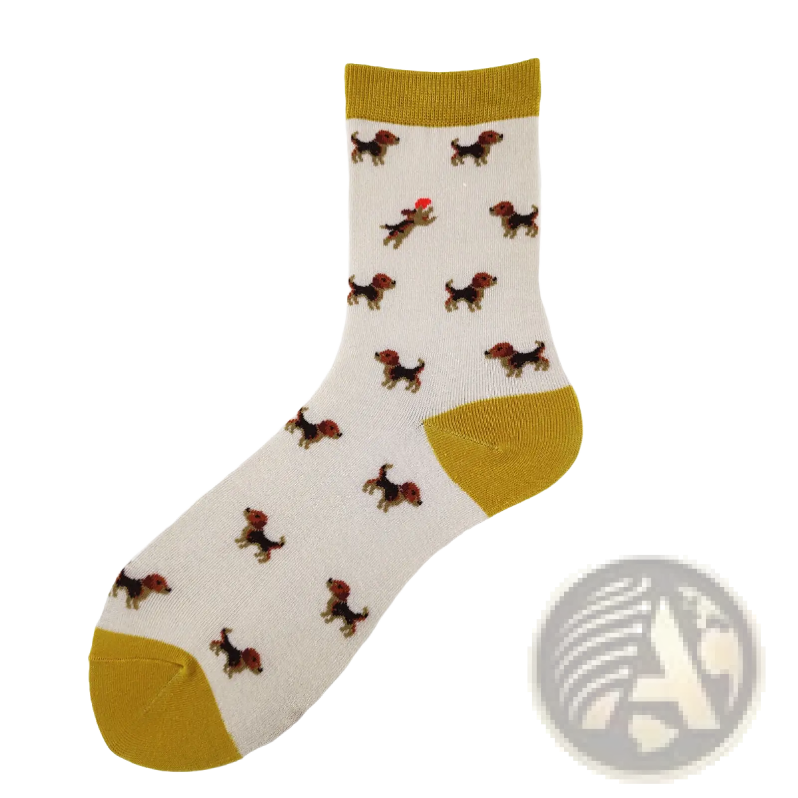 White cotton crew socks featuring playful brown and black dog cartoons with a red hat and mustard yellow accents