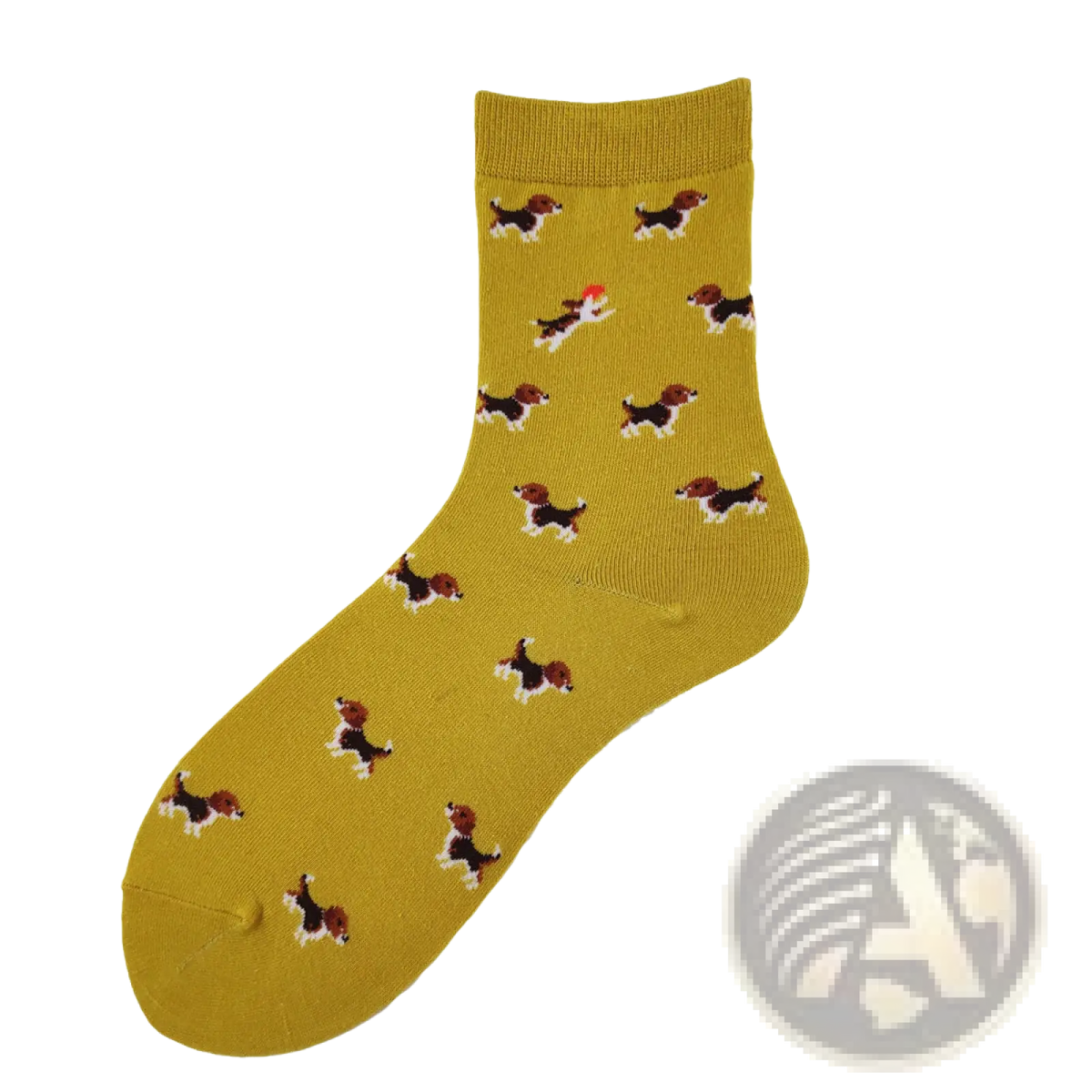 A mustard yellow cotton crew sock featuring a playful pattern of small beagle dogs in various poses