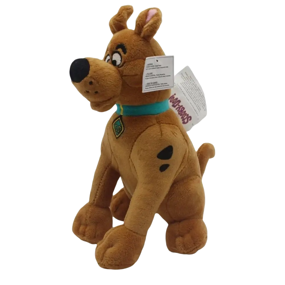 Brown scooby-doo dog plush soft stuffed animal with black nose teal collar and green badge 20cm cute dog plush