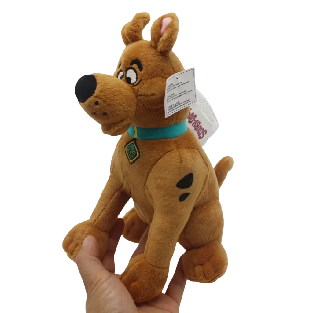 A cute brown dog plush soft stuffed animal scooby-doo with teal collar and green badge measuring 20cm
