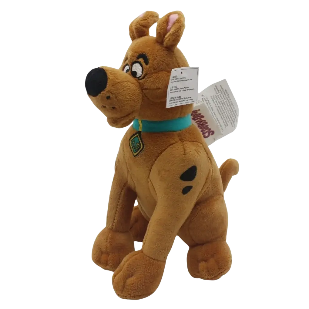 A cute brown scooby-doo dog plush soft stuffed animal with teal collar and black nose sitting upright 20cm