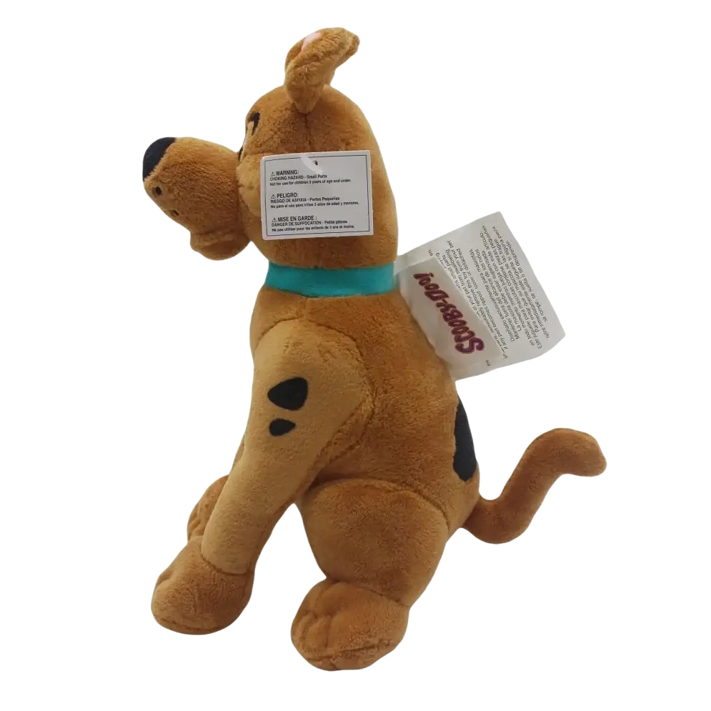 Cute dog plush soft stuffed Scooby-Doo toy with tan fur black spots and teal collar 20cm size