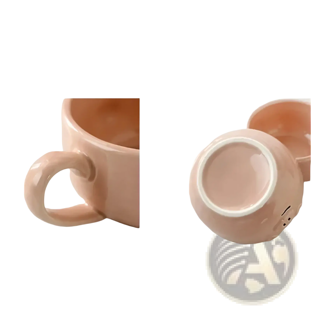 A blush pink ceramic mug with a glossy finish and cute face detail from the Cute Pig ceramic dinnerware set