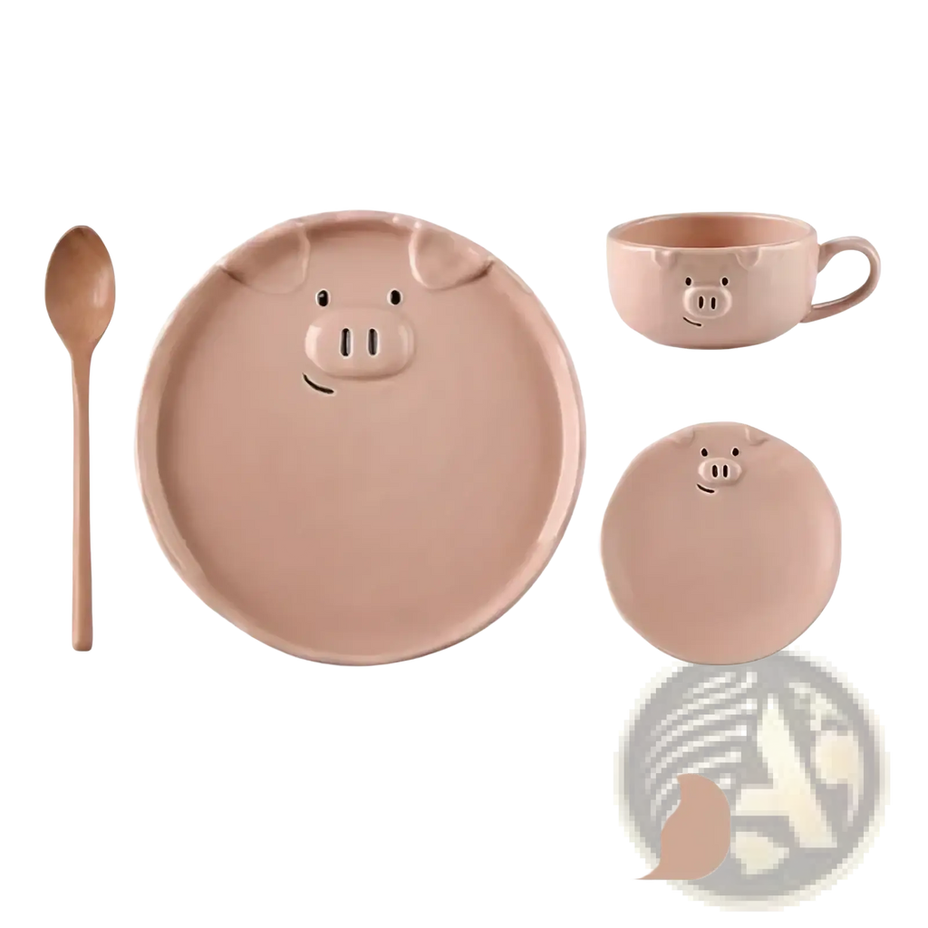 Pastel pink ceramic pig dinnerware set including a large plate, small dish, cup, and wooden spoon for dining