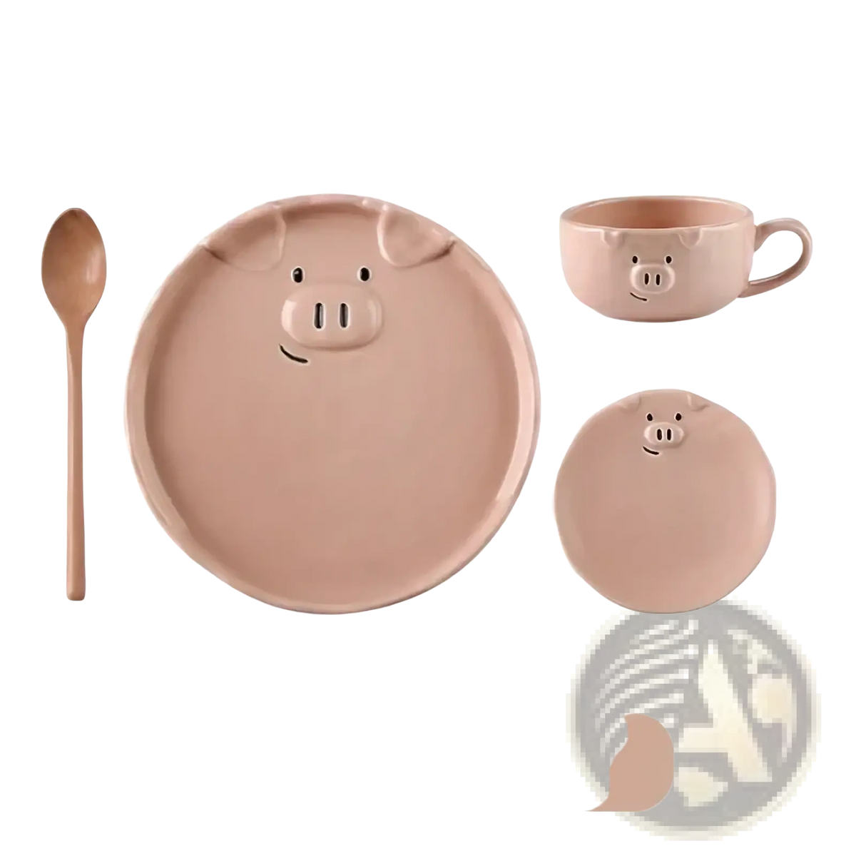 Pastel pink ceramic pig dinnerware set including a large plate, small dish, cup, and wooden spoon for dining