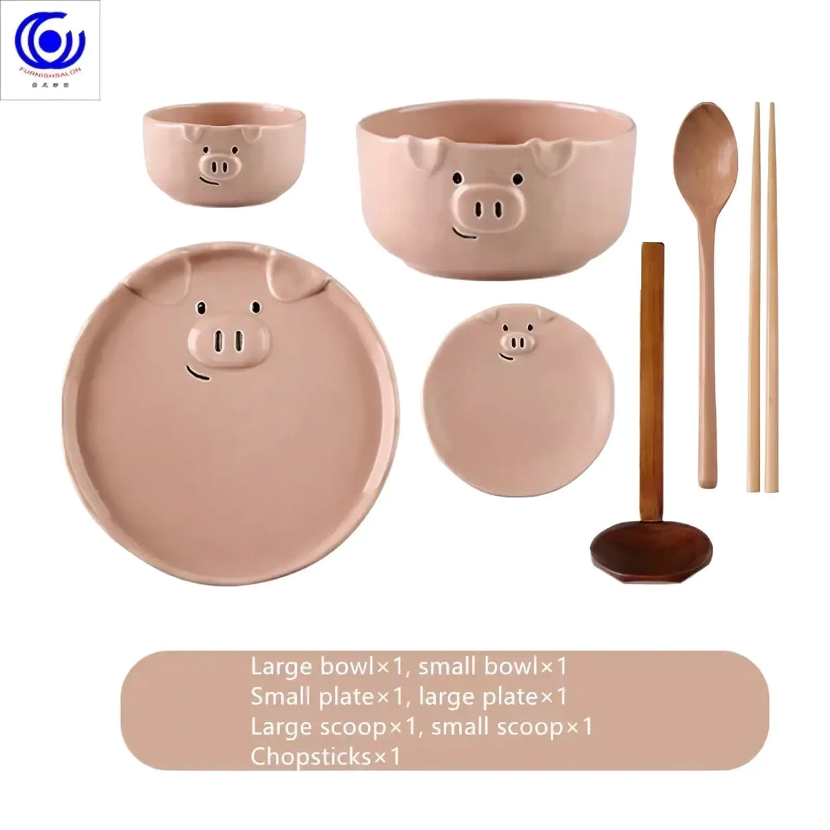 Cute pig ceramic dinnerware set featuring pastel pink ceramic plates, bowls, and wooden utensils for dining use