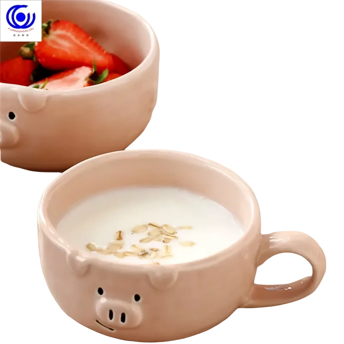 Pastel pink pig-shaped ceramic mug with black dot eyes and snout details from cute pig ceramic dinnerware set