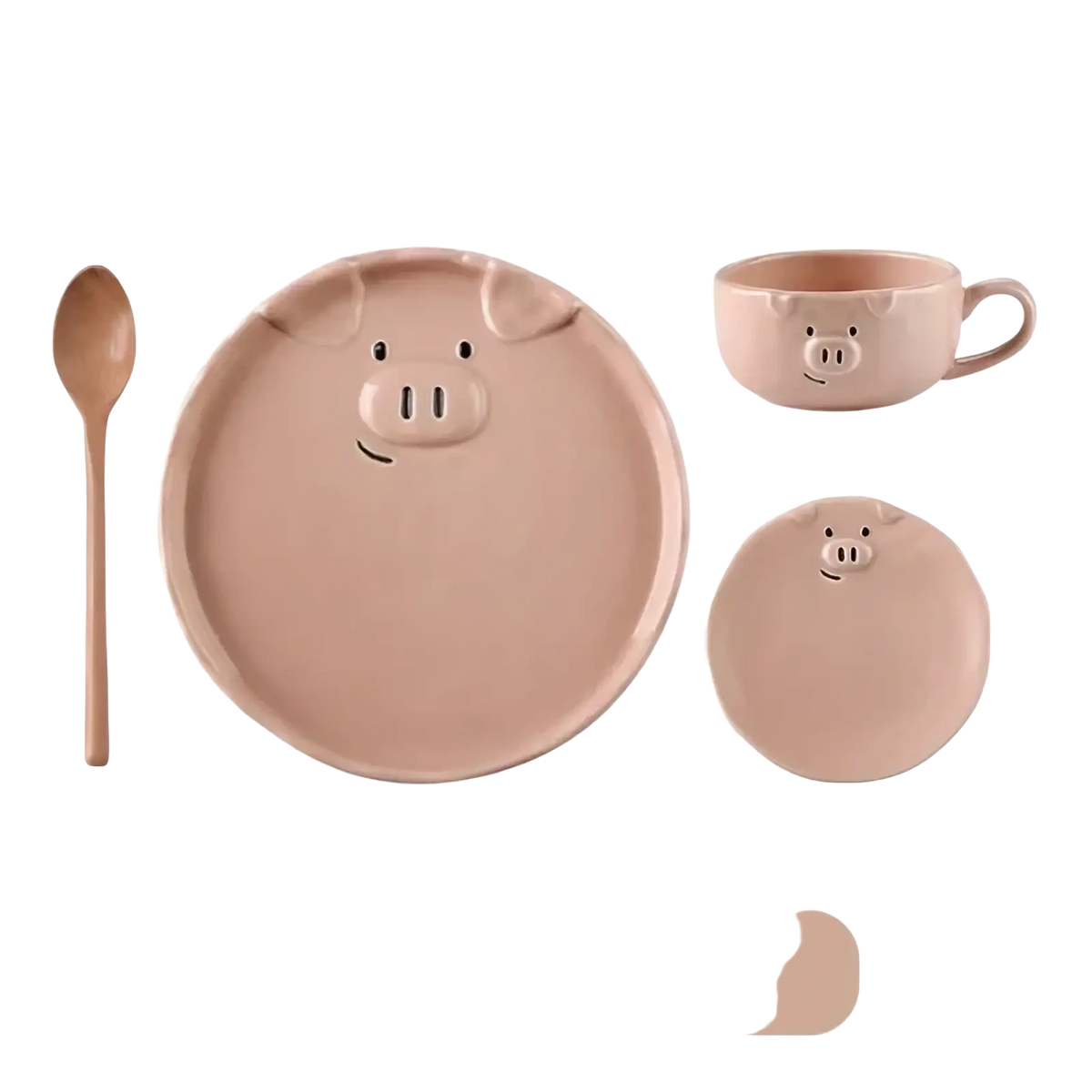 Pastel pink ceramic pig dinnerware set including a large plate, small dish, cup, and wooden spoon for dining