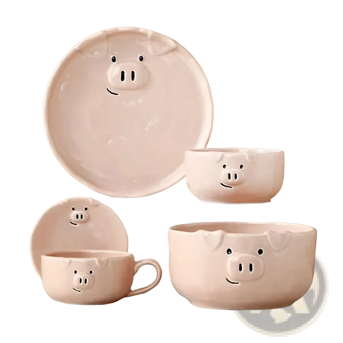 Pastel pink ceramic cute pig dinnerware set featuring adorable pig faces with black dot eyes and smiling snouts