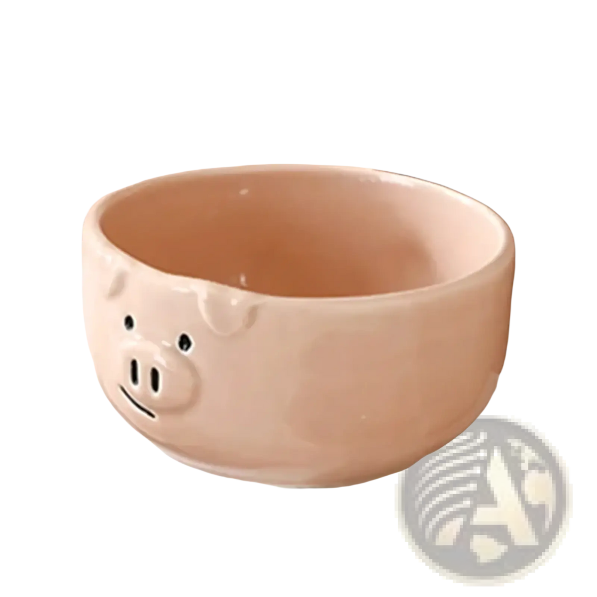 Pastel pink ceramic pig-shaped bowl with black dot eyes and a smiling snout from the cute pig ceramic dinnerware set