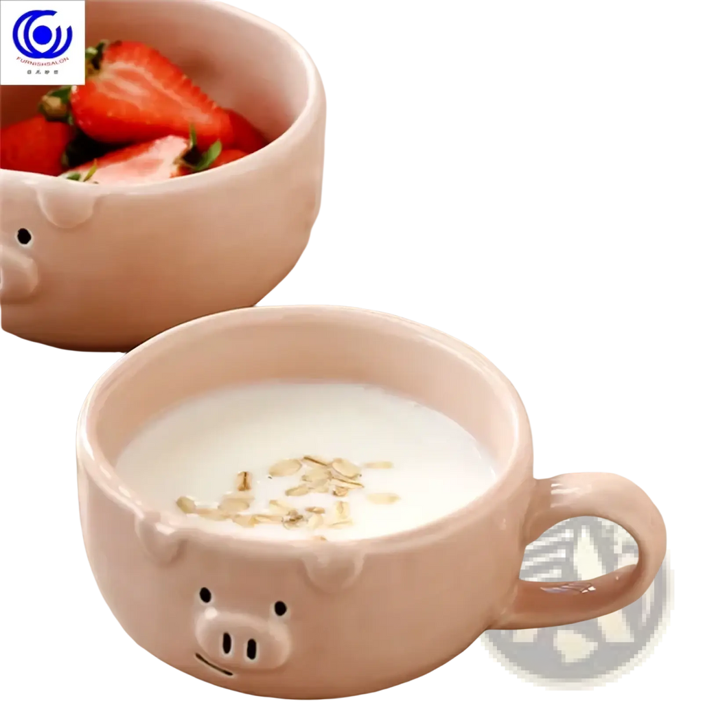 Pastel pink pig-shaped ceramic mug with black dot eyes and snout details from cute pig ceramic dinnerware set
