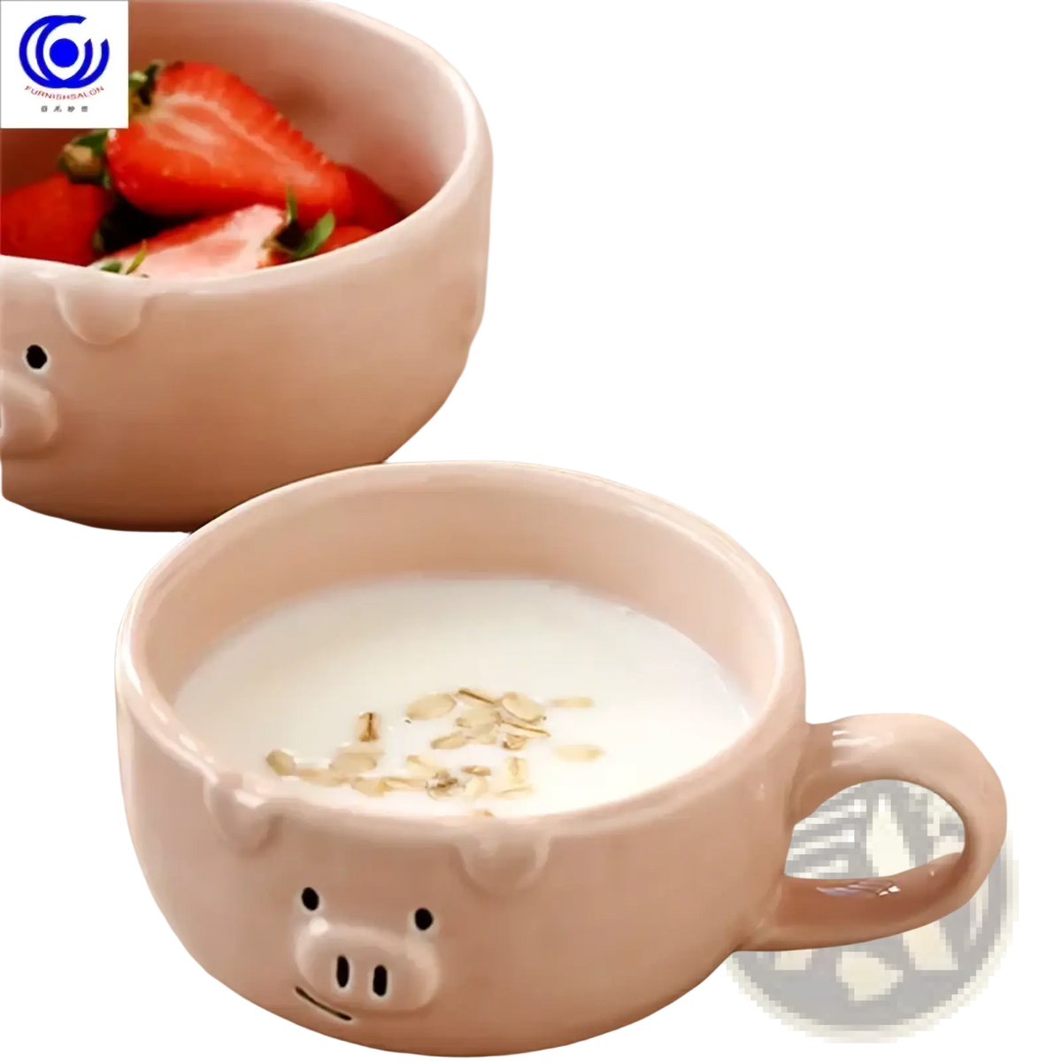 Pastel pink pig-shaped ceramic mug with black dot eyes and snout details from cute pig ceramic dinnerware set