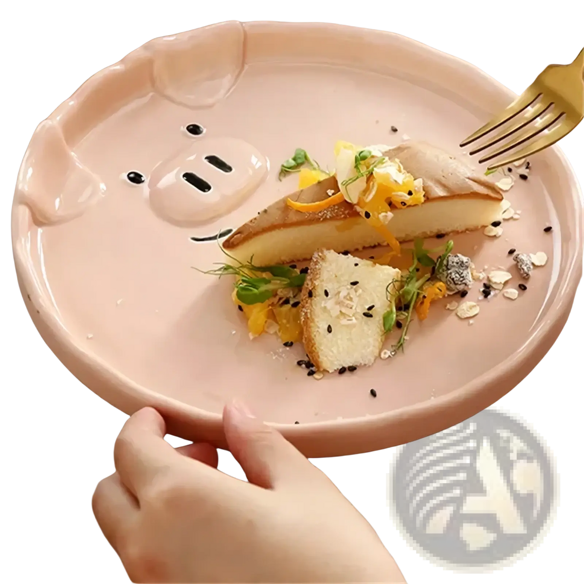 Pastel pink ceramic pig-shaped plate with black eyes and snout from the cute pig ceramic dinnerware set