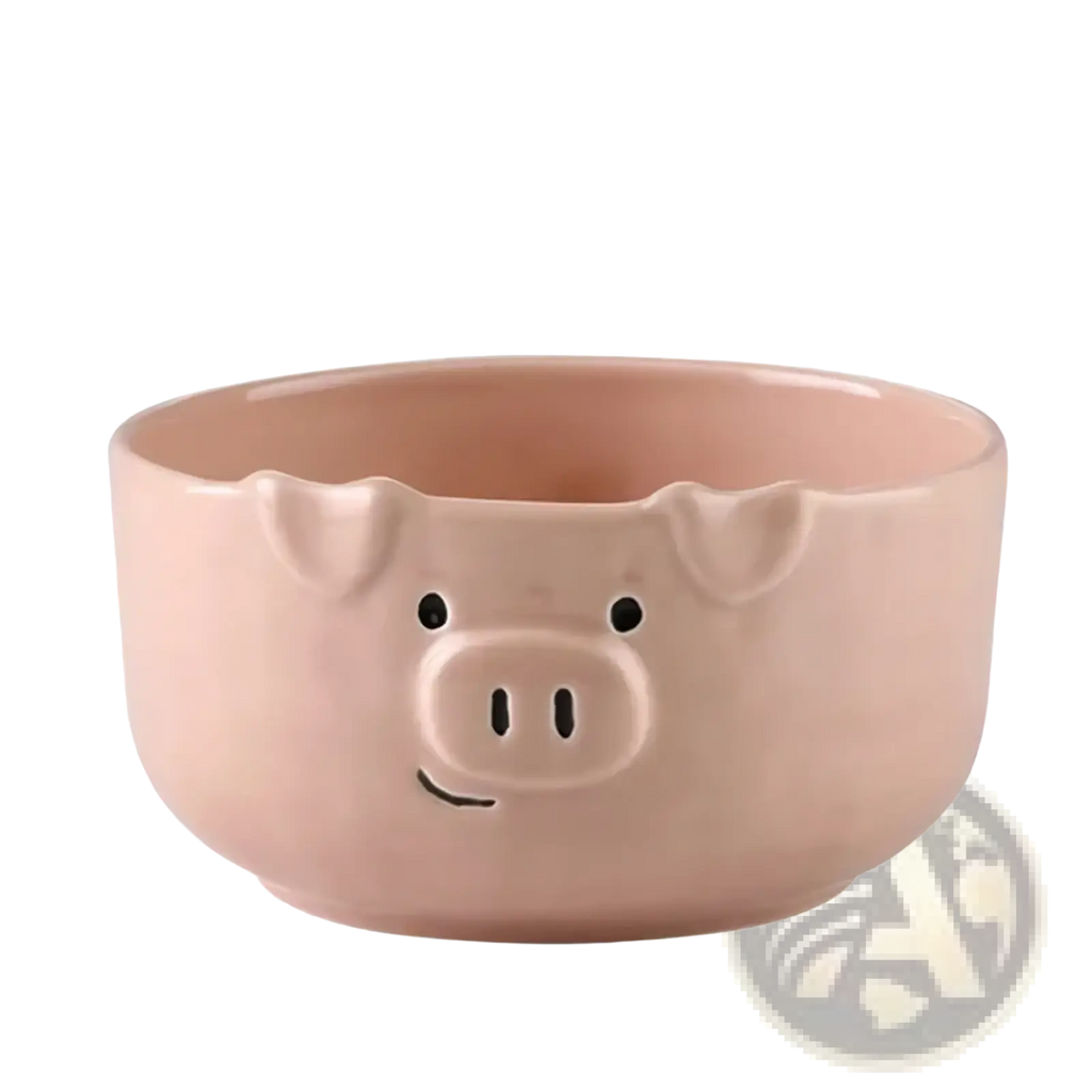 A pink ceramic bowl shaped like a pig with black dot eyes snout and smiling mouth from the cute pig ceramic dinnerware set