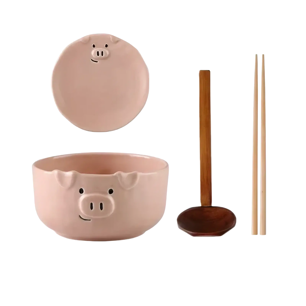 Pink ceramic pig-shaped bowl with matching lid featuring playful facial features from cute pig ceramic dinnerware set