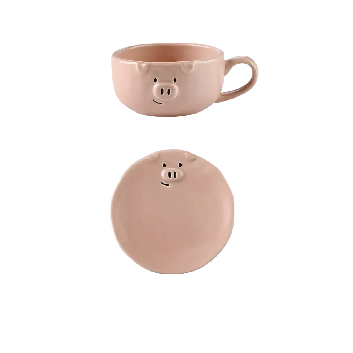 Pink ceramic pig-shaped mug with matching saucer from cute pig ceramic dinnerware set for serving beverages