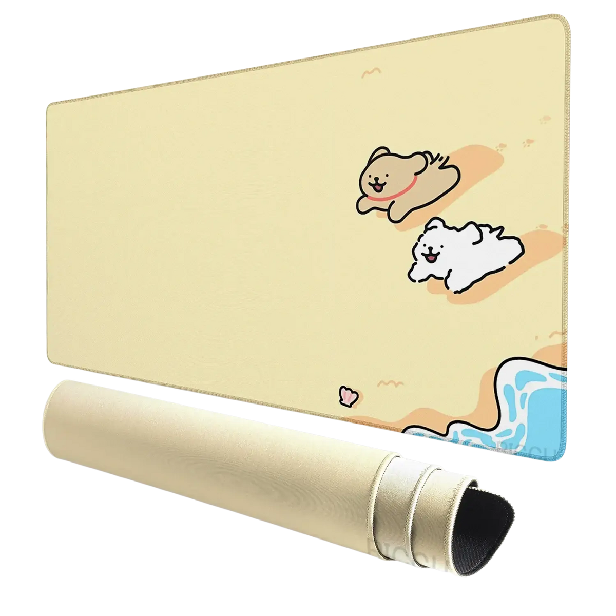 Beige large gaming mouse pad featuring a cute beach scene with two cartoon dogs and ocean waves for ventilated place use