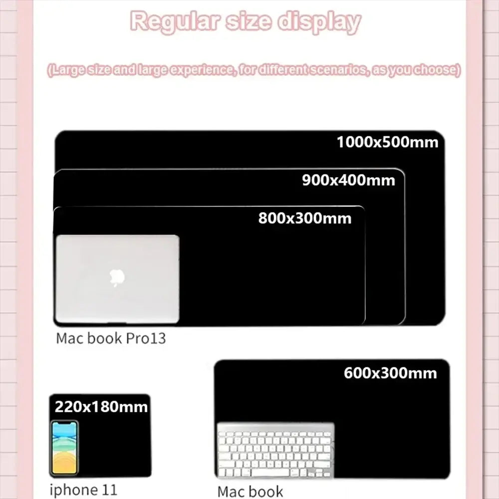 Black rectangular mouse pad with matte finish designed for various devices including macbook pro 13 and iphone 11 in ventilated place