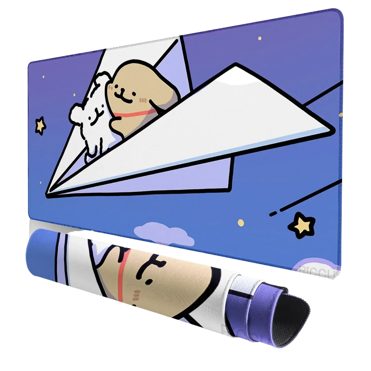 Blue cartoon mouse pad featuring a beige and white dog on paper airplane in starry sky for ventilated place use