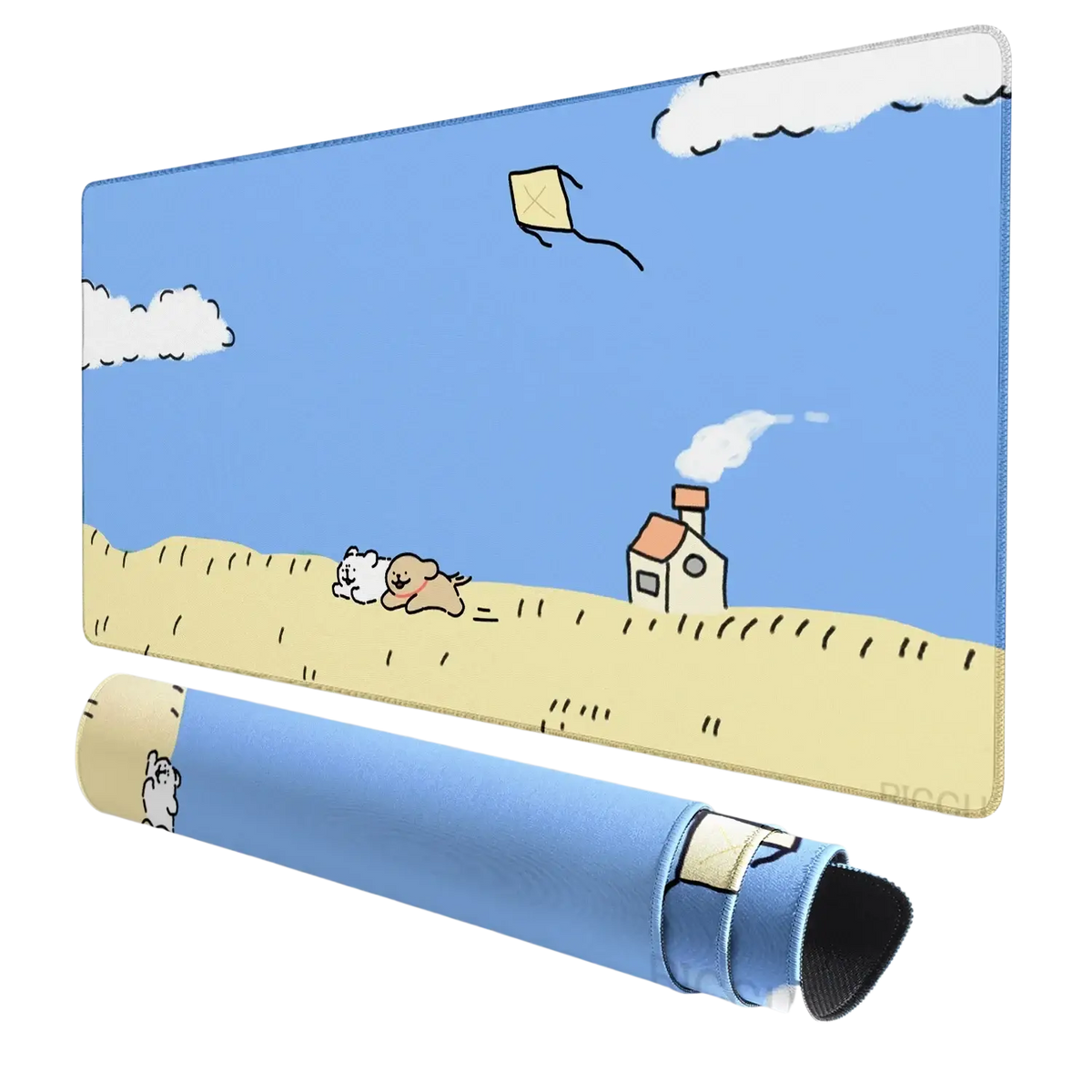 Blue cartoon-themed large gaming mouse pad with puppies, kite, and house, ideal for a ventilated place desk setup