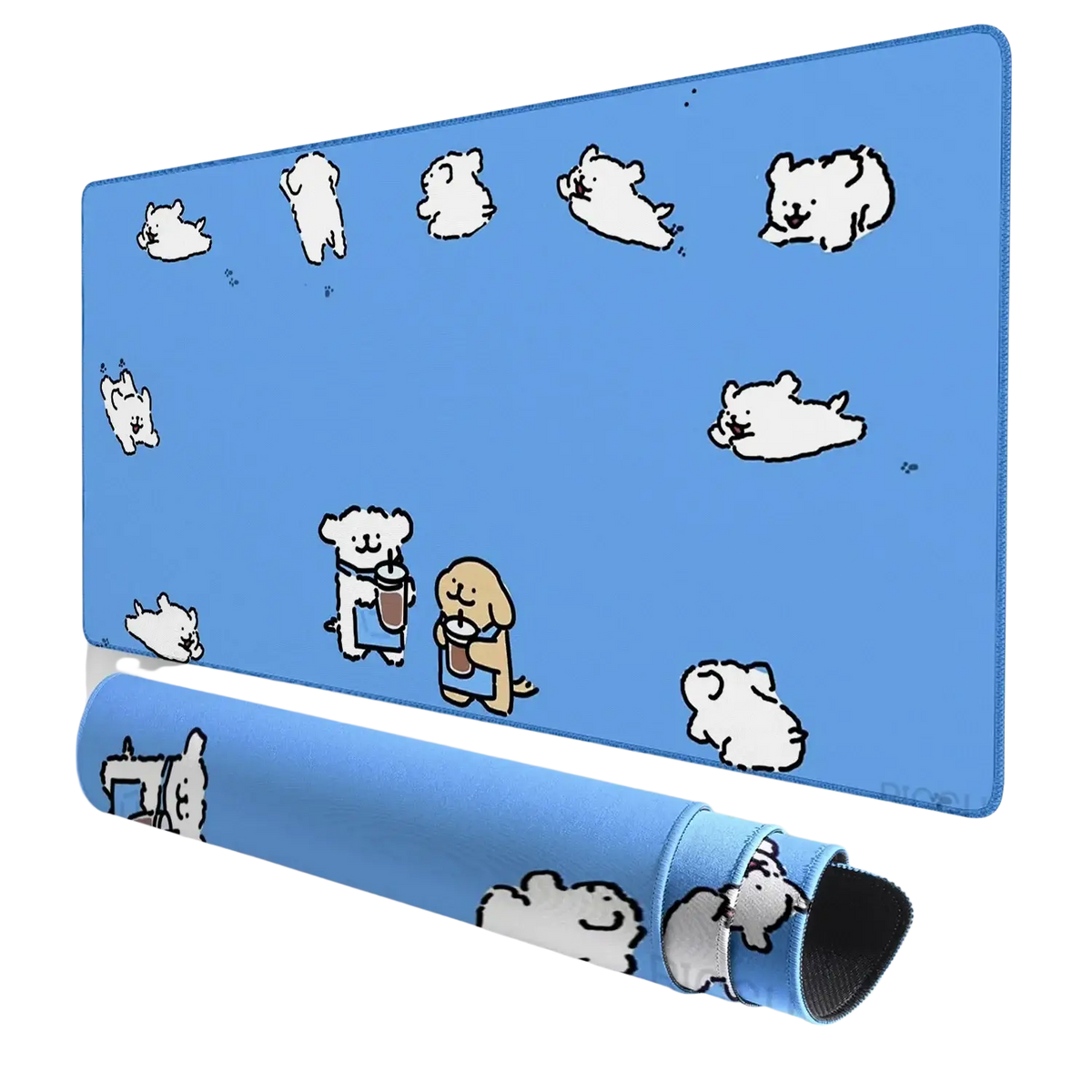 Blue mouse pad featuring playful white cartoon dogs and two larger characters holding drinks for use in ventilated place