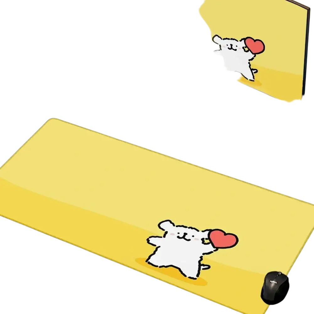 Bright yellow large gaming mouse pad featuring a cute white cartoon puppy holding a red heart for ventilated place use