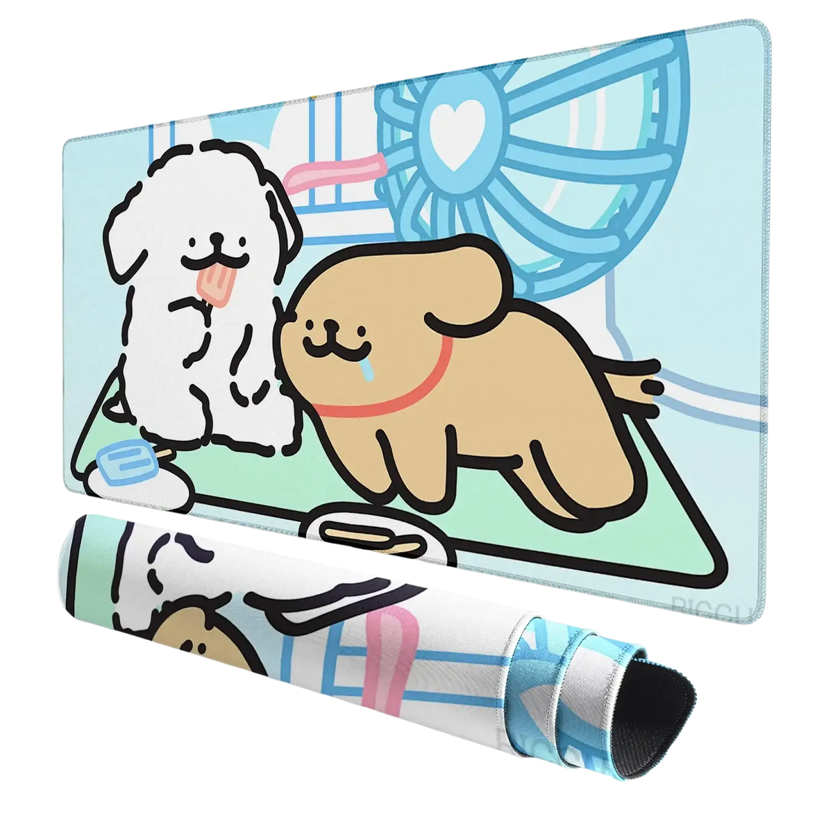 Cute puppy gaming mouse pad large desk mat with two fluffy dogs in pastel blue and green for ventilated place use