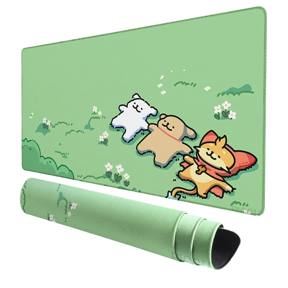 Green large gaming mouse pad with cute white bear tan dog and orange cat design ideal for ventilated place use