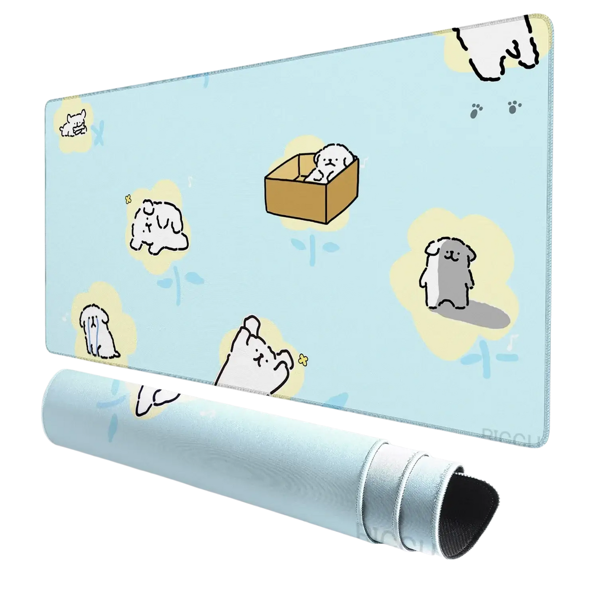 Light blue mouse pad featuring cute cartoon dogs on a soft rolled-up surface ideal for a ventilated place use