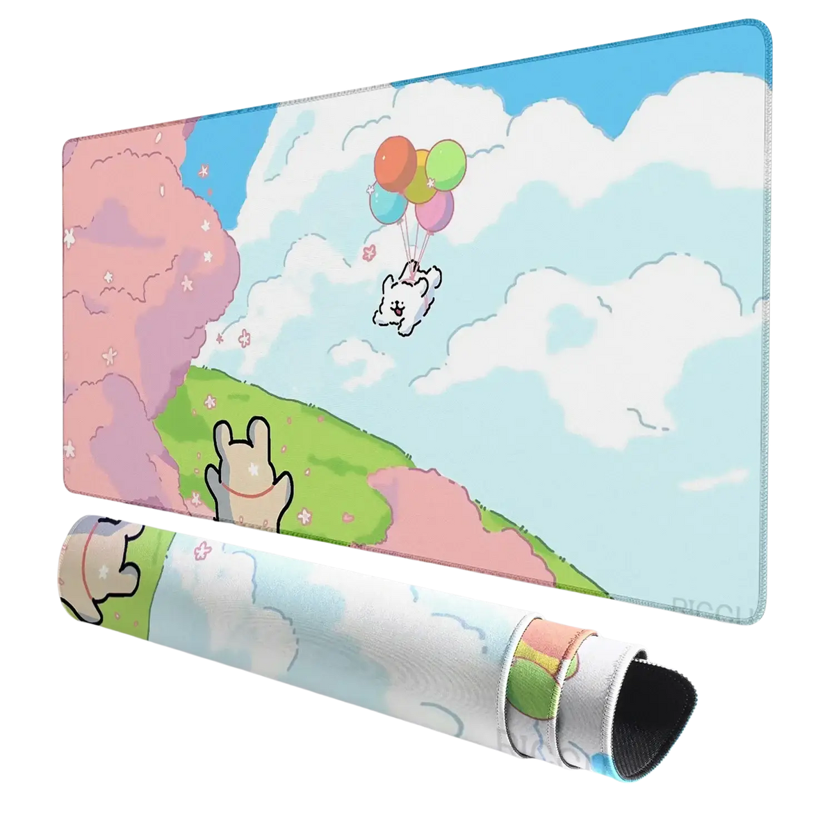 Cute puppy gaming mouse pad large desk mat with pastel cartoon mousepad featuring white bunny and rainbow balloons for ventilated place use