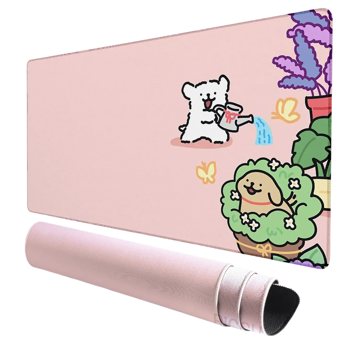 Pink rectangular mouse pad featuring cute dogs and butterflies for gaming and desk use in a ventilated place rolled up and flat