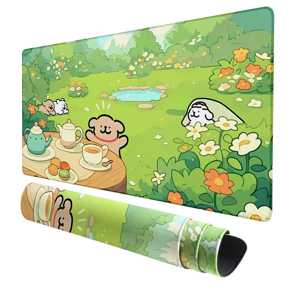 Large rectangular soft mouse pad featuring colorful cartoon dogs enjoying tea in a lush ventilated place garden
