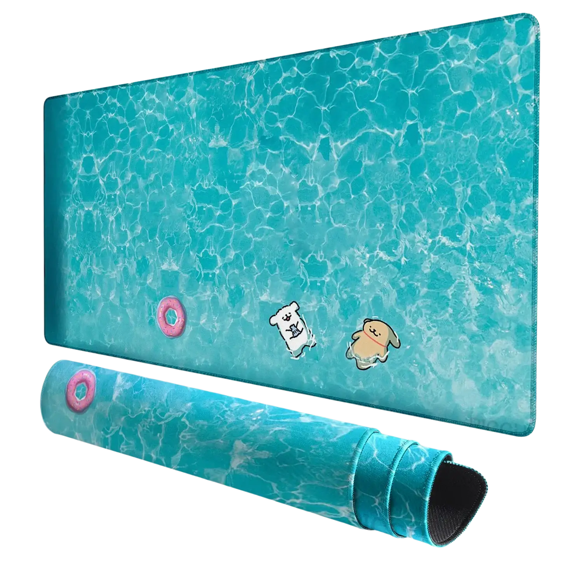 Cute puppy gaming mouse pad large desk mat in turquoise with water ripple design and pink inflatable ring for ventilated place