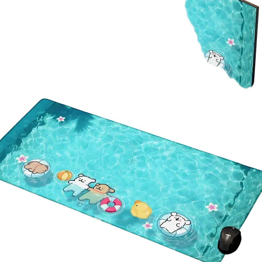A vibrant turquoise mouse pad featuring cute cartoon dogs swimming with floaties for gaming or ventilated place use