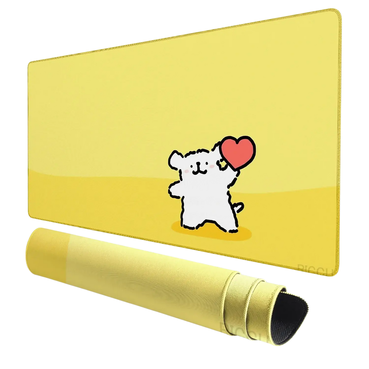 Yellow mouse pad featuring a white cartoon bear holding a red heart designed for use in a ventilated place with a large desk mat for gaming