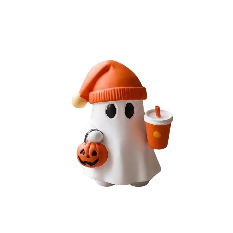 A white resin ghost figurine wearing an orange knit hat holding a pumpkin lantern and orange drink cup