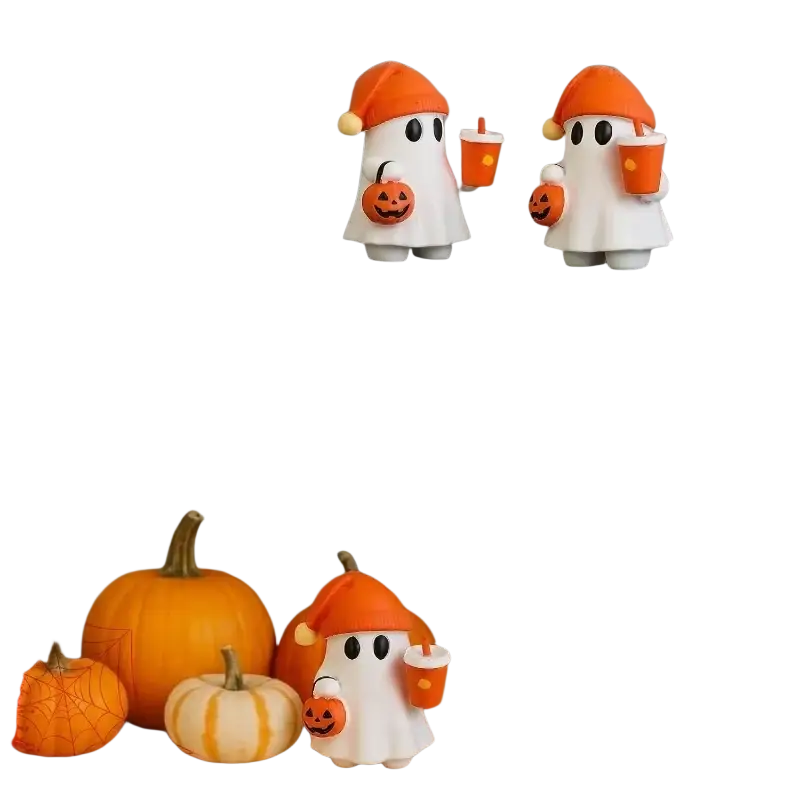 Cute resin white ghost figurine wearing an orange hat and holding a pumpkin-themed cup for festive decor
