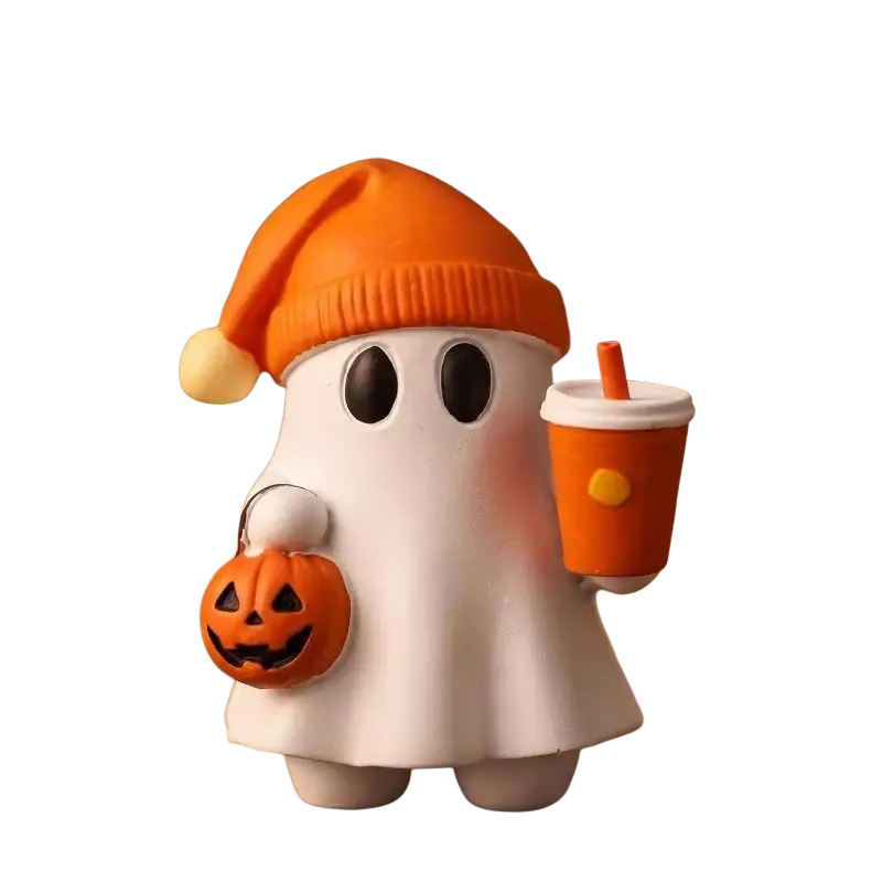 Cute resin ghost figurine in white wearing an orange knit hat holding a pumpkin bag and orange drink cup