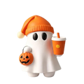 Cute resin ghost figurine in white wearing an orange knit hat holding a pumpkin bag and orange drink cup