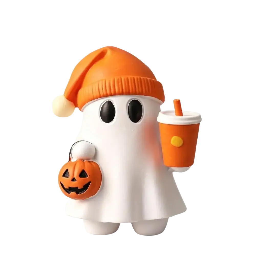 Cute resin ghost figurine in white wearing an orange knit hat holding a pumpkin bag and orange drink cup