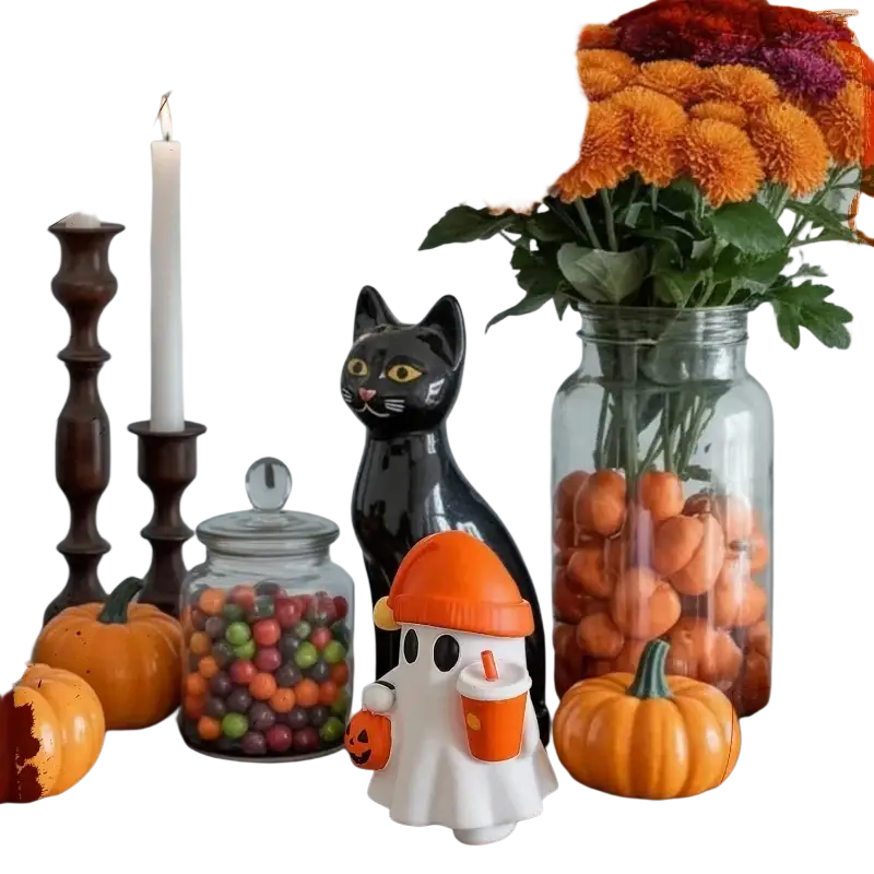 White ceramic resin ghost figurine wearing an orange hat and holding a pumpkin drink cup for decoration